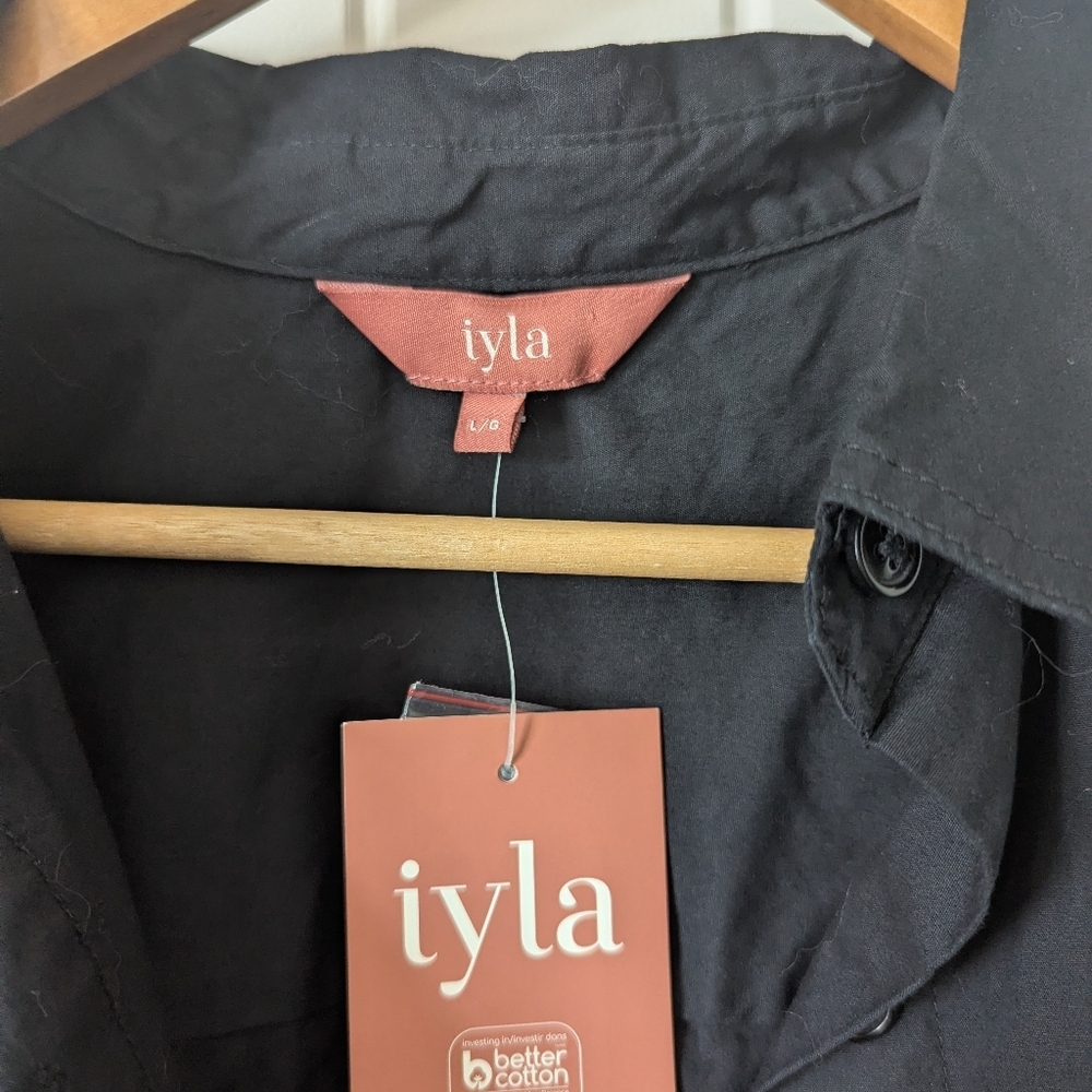 Classic Black Cotton Button-Front Shirt Dress with Belt, Pockets 3/4 Sleeves LG - Picture 9 of 12